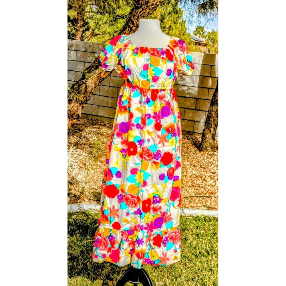 Floral Maxi Dress Womens Small Smocked Flowy Boho Beachy Off-Shoulder Ruffle EUC